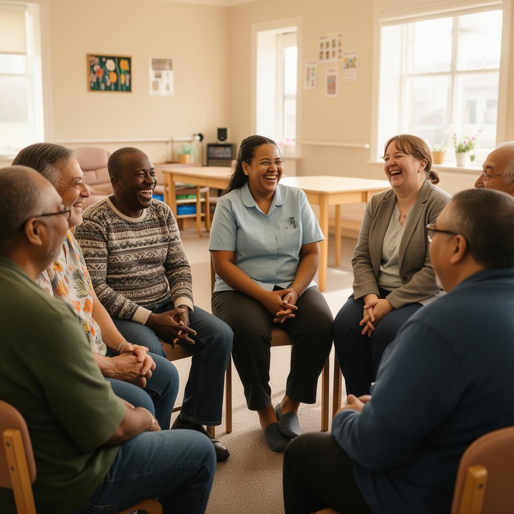 Adults in our program sharing a laugh in a community circle